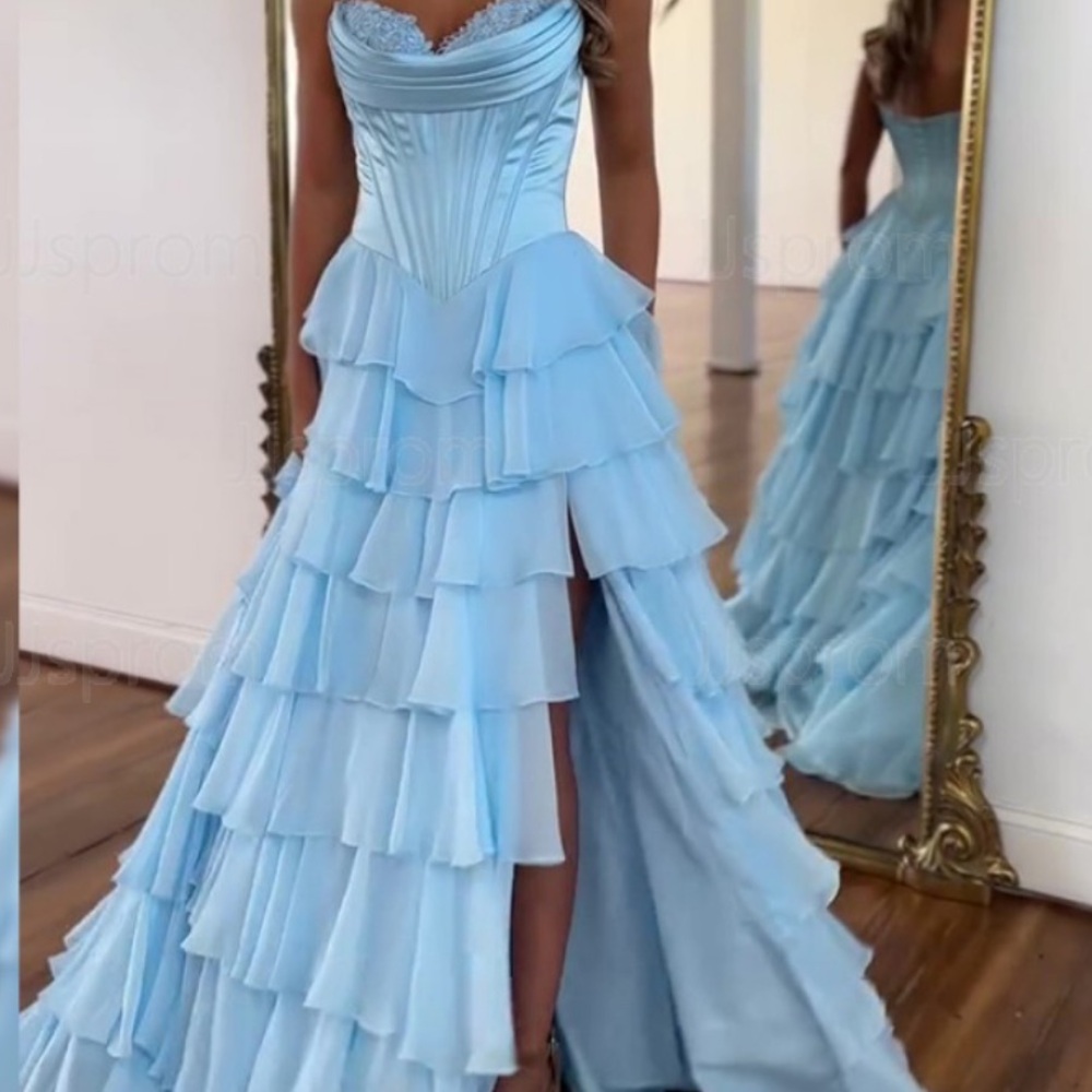 Light Blue Sweetheart Chiffon Side Slit Dress